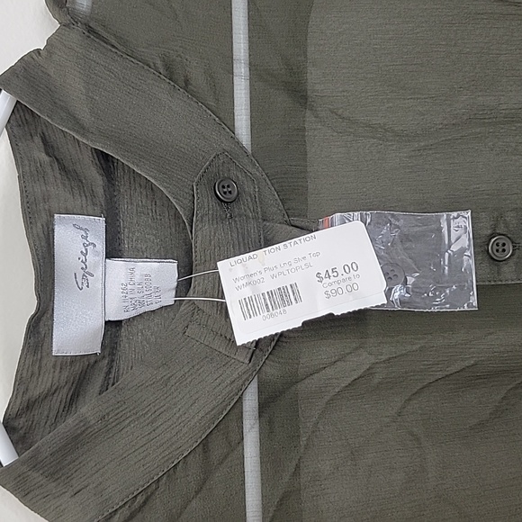 Spiegel 100% Silk Sheer Long Sleeve Tunic Button Up Shirt Waist Tie, Olive, 16W - Picture 2 of 4